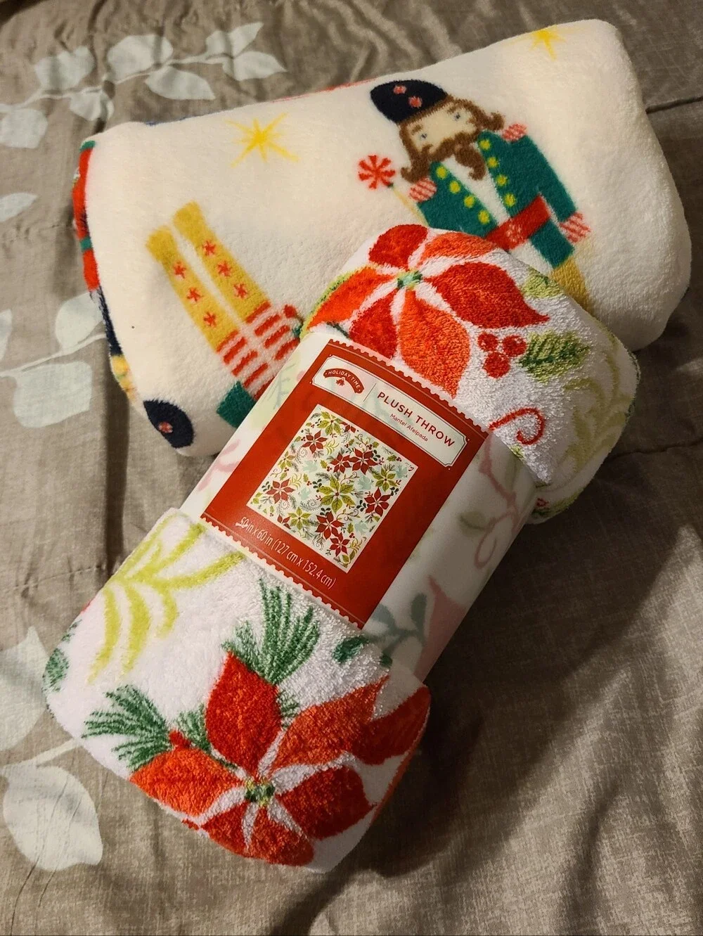 New!Holiday Plush Throw Blanket with Poinsettia & Nutcracker Pattern - Christmas